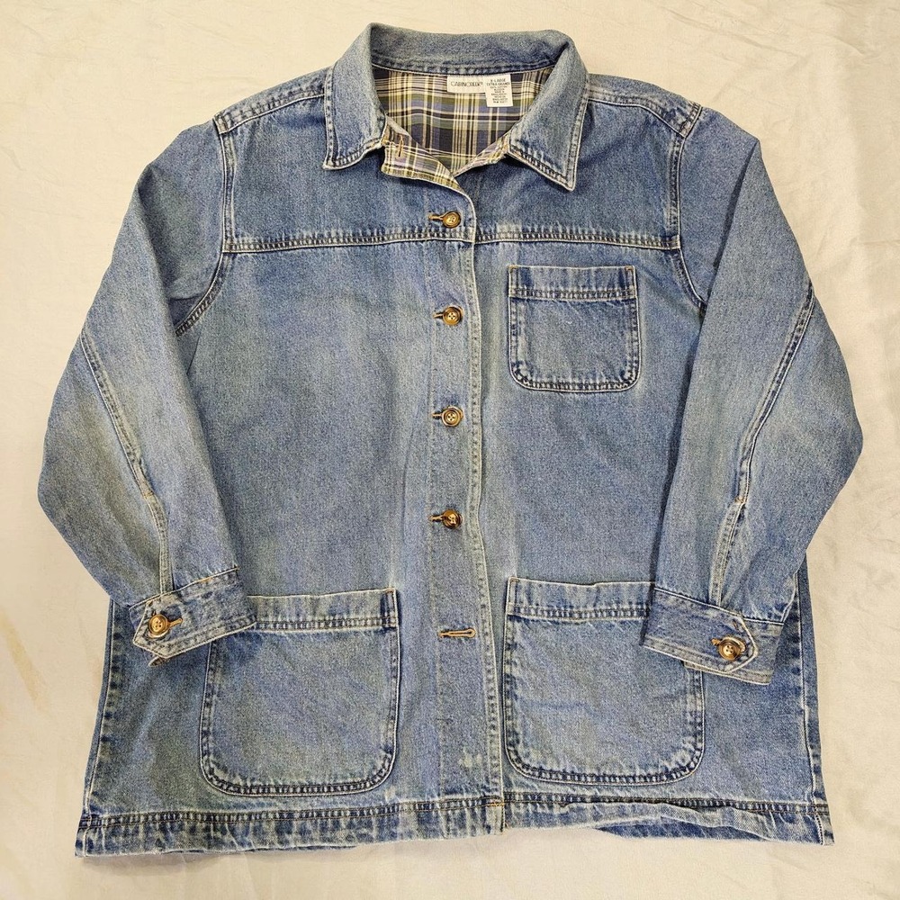 Vintage Cabin Creek Denim Barn Jacket Plaid Flannel Lined Blue XL Chore Coat